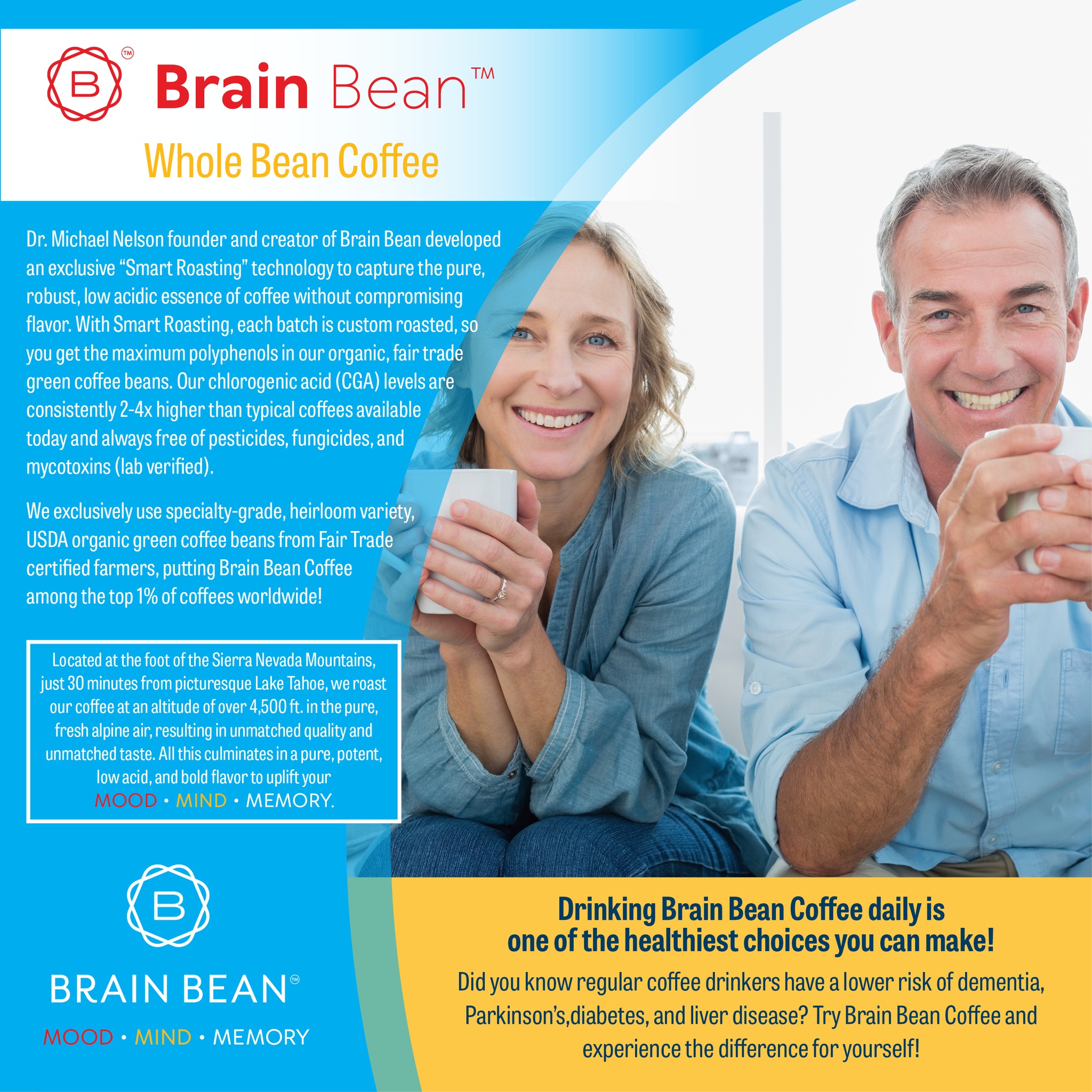 Brain Bean™ Coffee 16 oz -USDA Organic, Fair Trade, Premium Grade