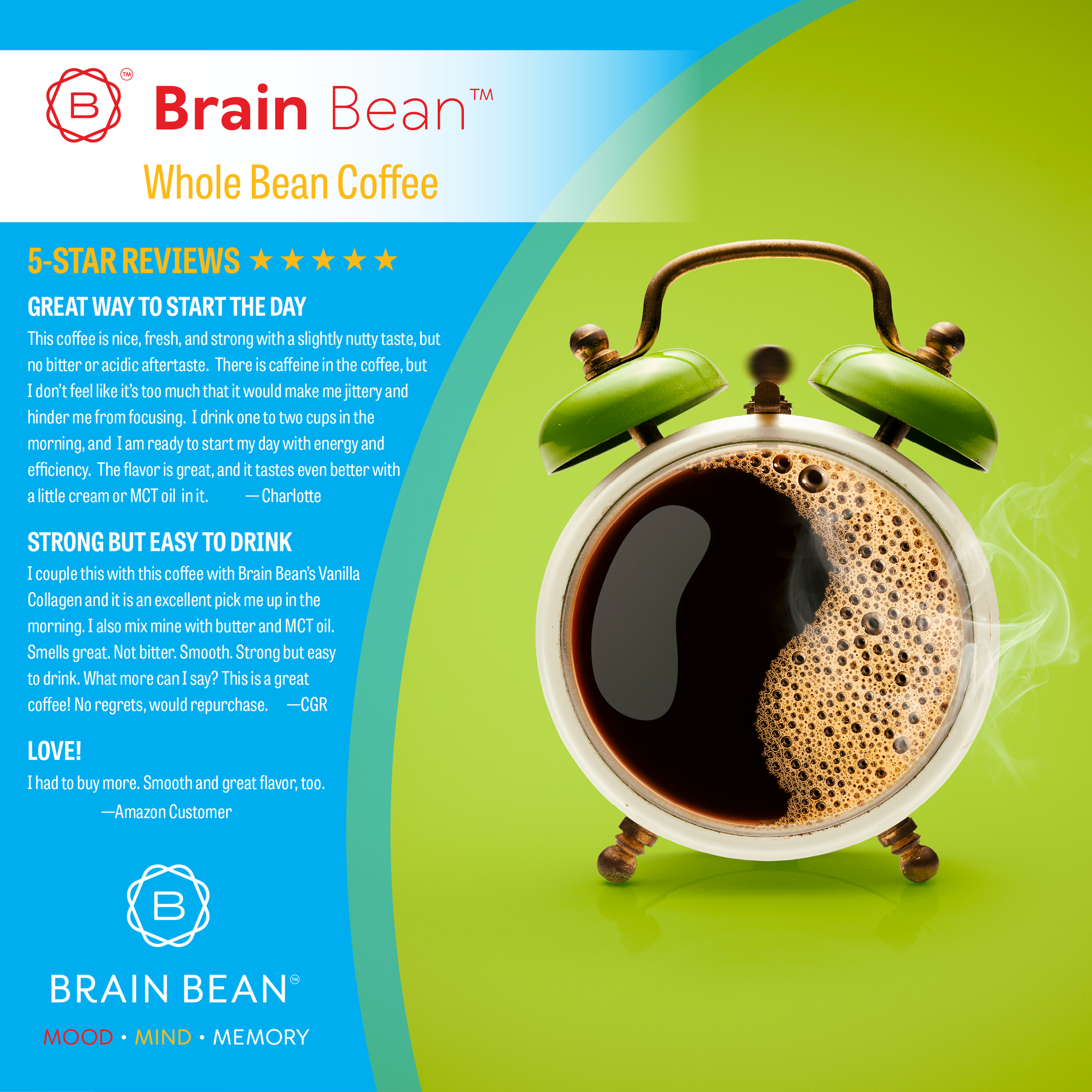 Brain Bean™ Coffee 16 oz -USDA Organic, Fair Trade, Premium Grade