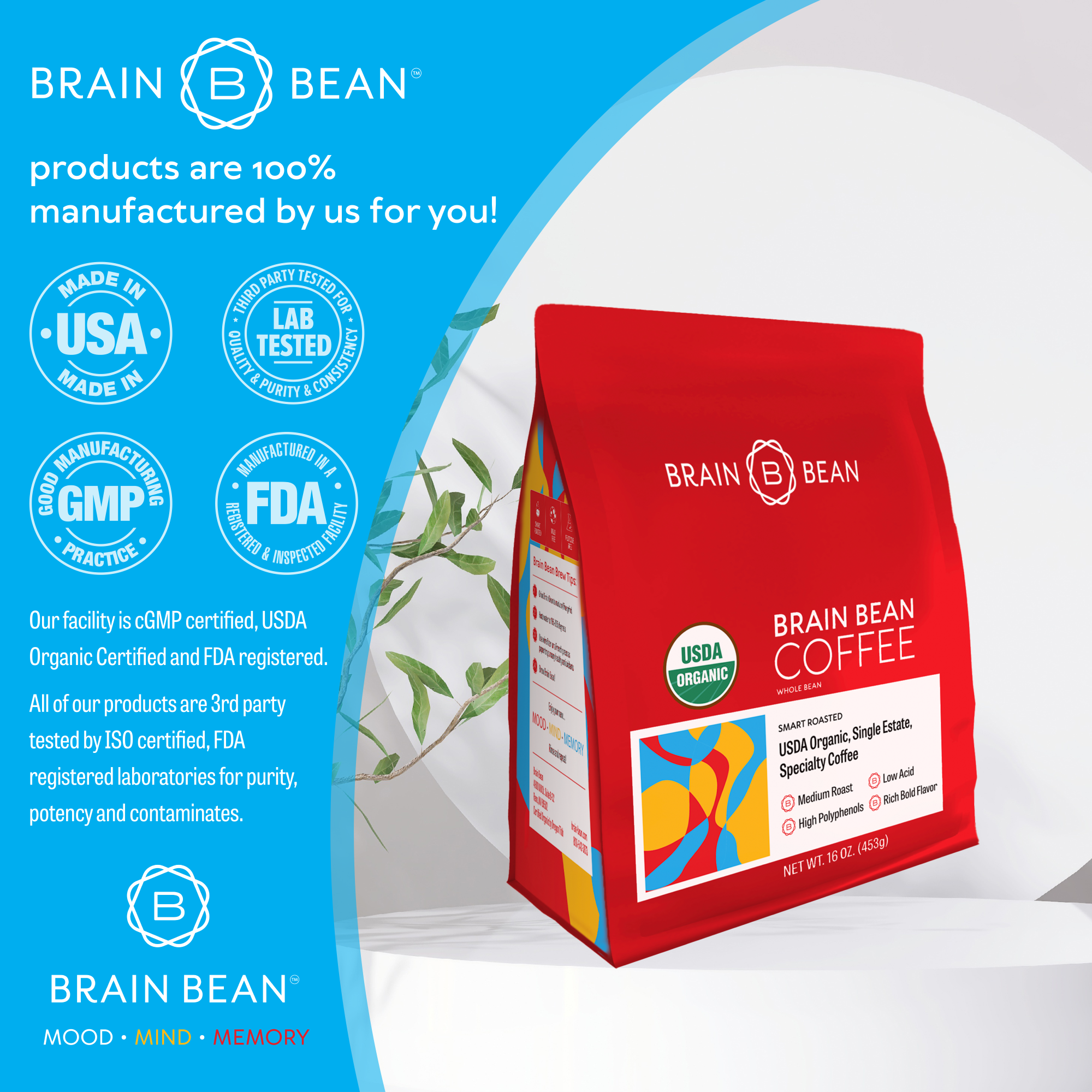 Brain Bean™ Coffee 16 oz -USDA Organic, Fair Trade, Premium Grade